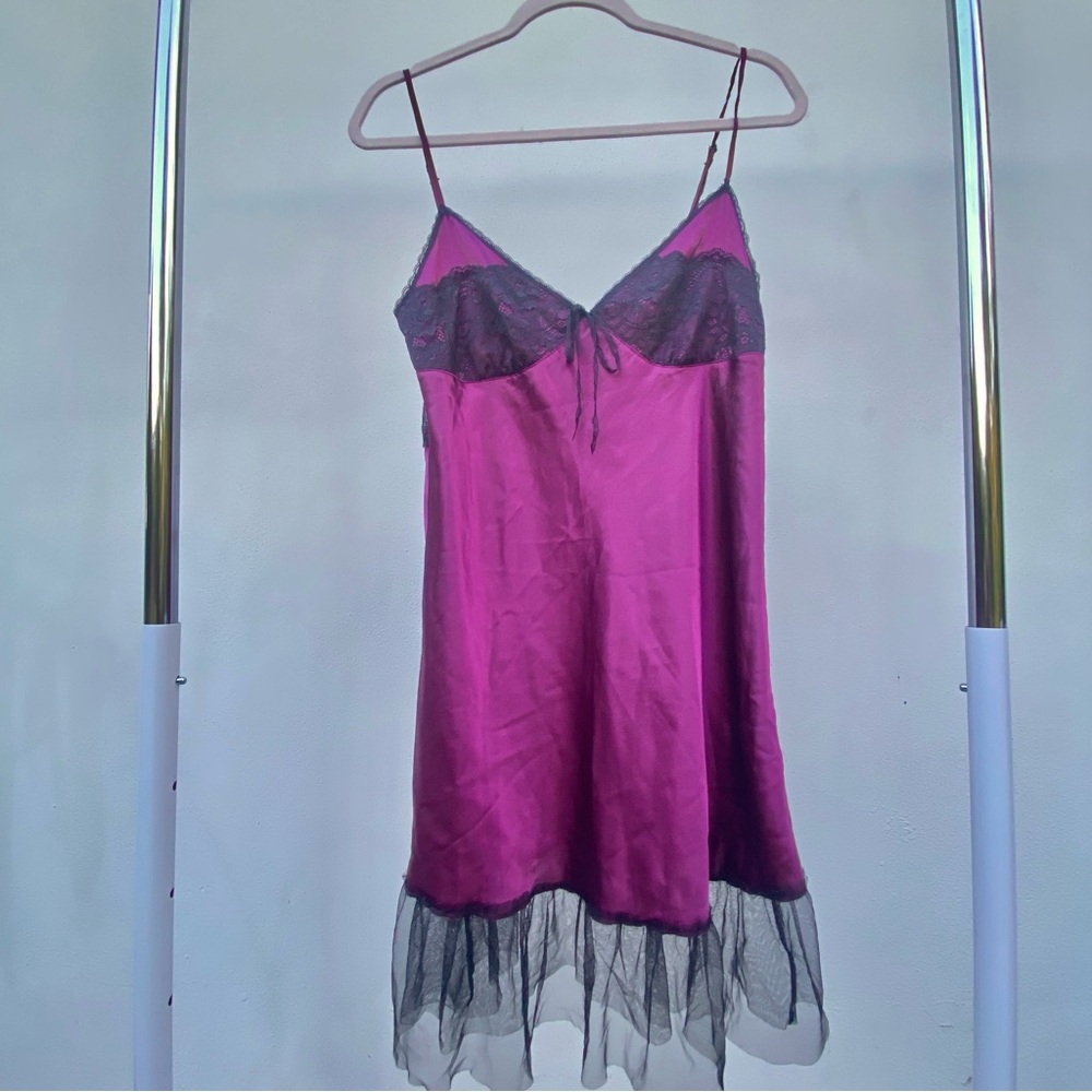 Y2K Alexander Del Rossa 100% Silk Red Violet Satin Black Lace Slip Dress Medium
